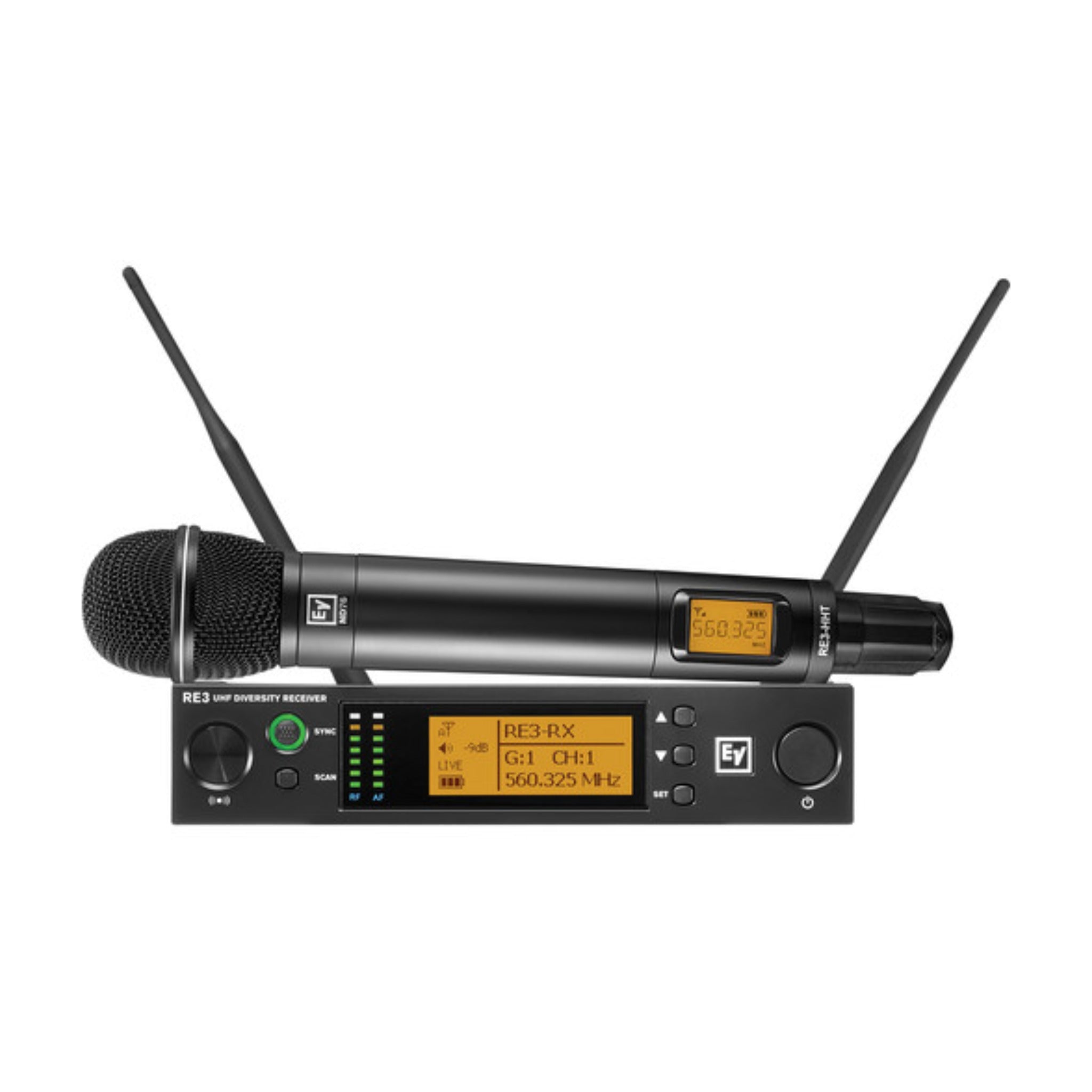 Wireless handheld microphone and matching UHF diversity receiver with digital display and antennas