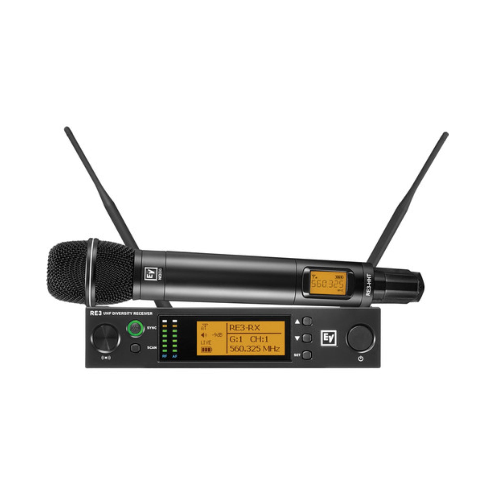 Wireless handheld microphone and receiver with antennas and digital displays showing frequency 560.325 MHz.