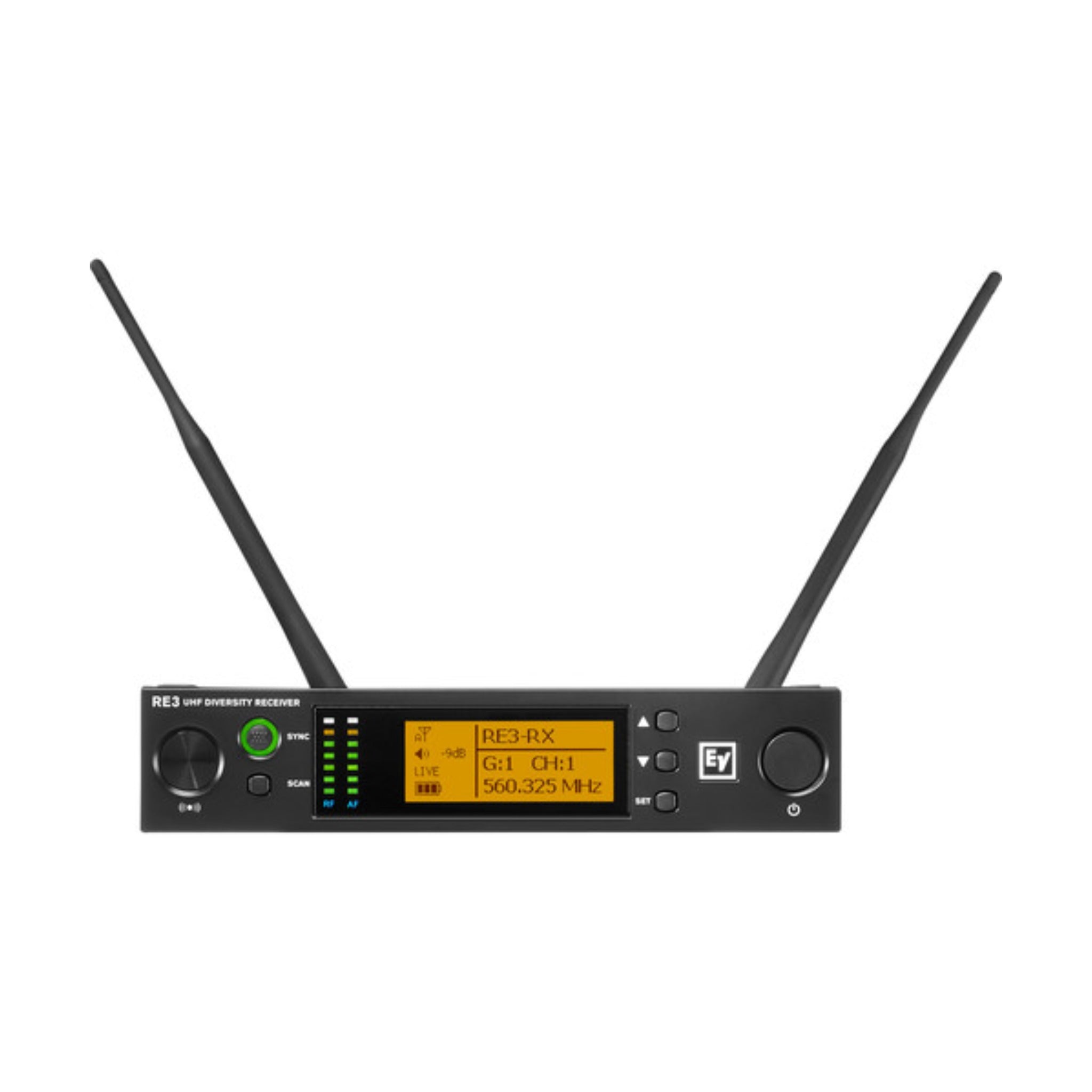 Black wireless receiver unit with two antennas and an orange display showing frequency and channel information