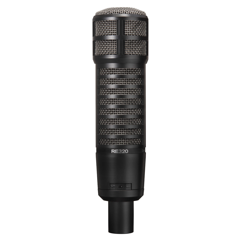 Black dynamic microphone with silver mesh grille and an XLR connector at the base.