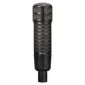 Black dynamic microphone with silver mesh grille and an XLR connector at the base.
