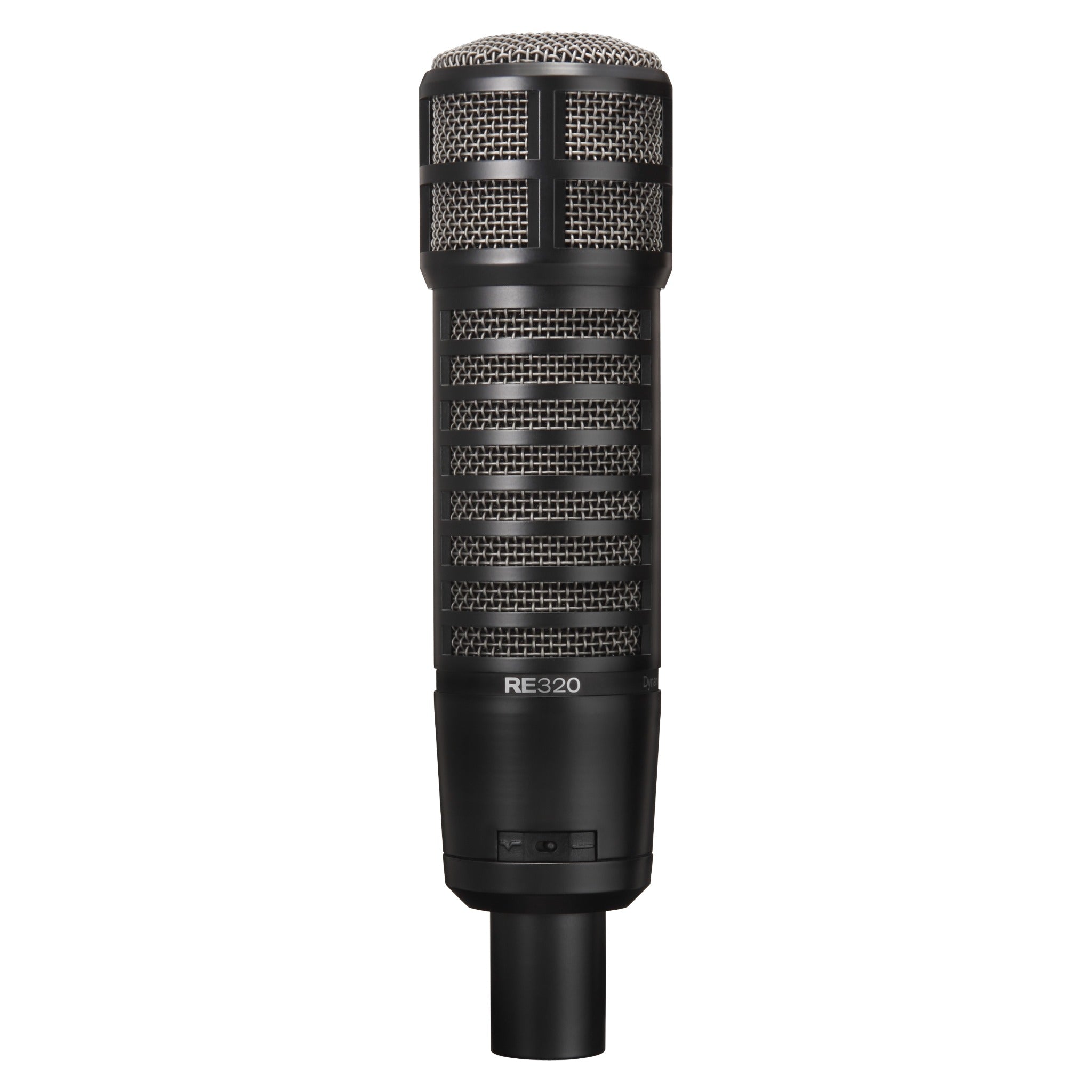 Black dynamic microphone with silver mesh grille and an XLR connector at the base.