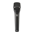 Black handheld microphone with metal mesh grille and EV logo on the body.