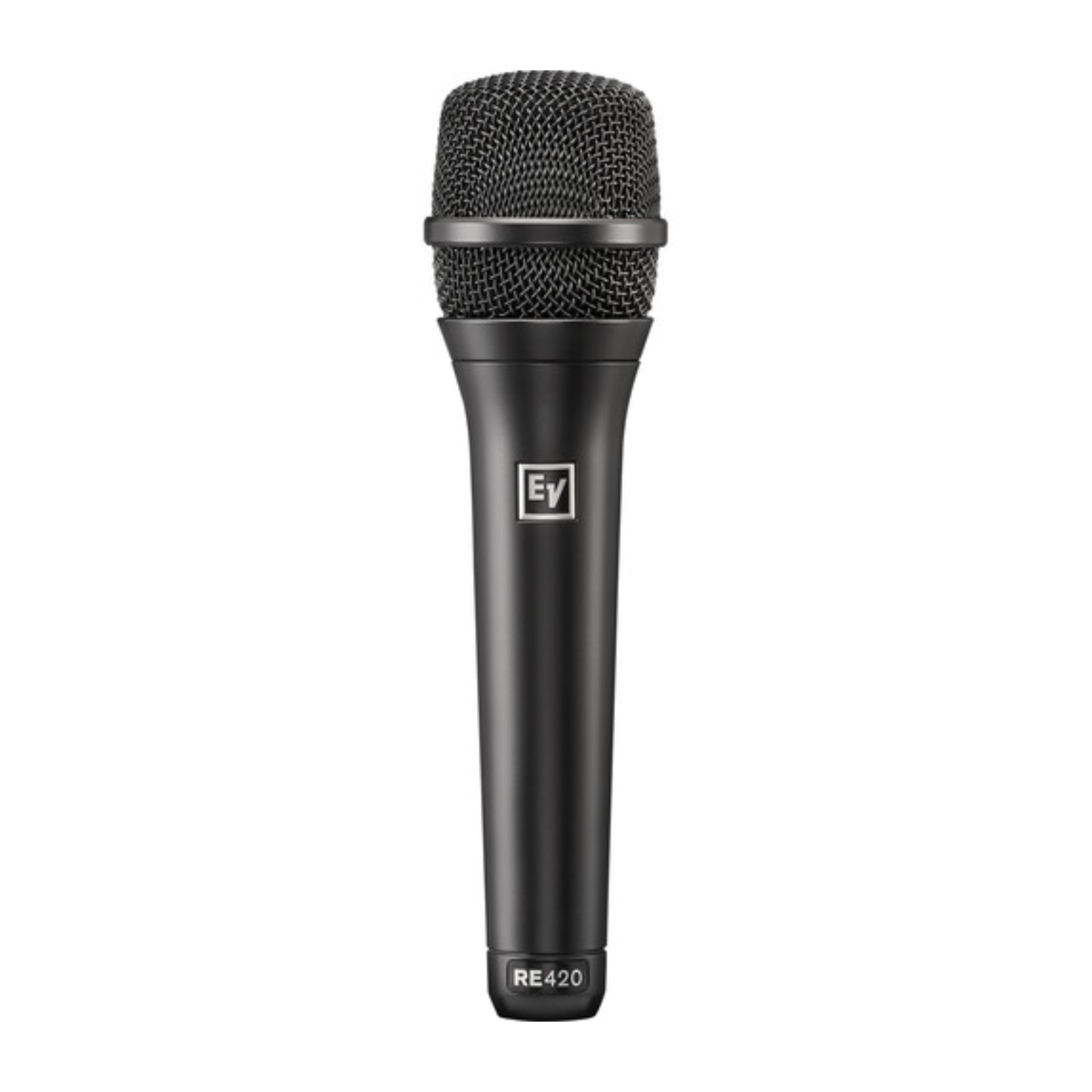 Black handheld microphone with metal mesh grille and EV logo on the body.