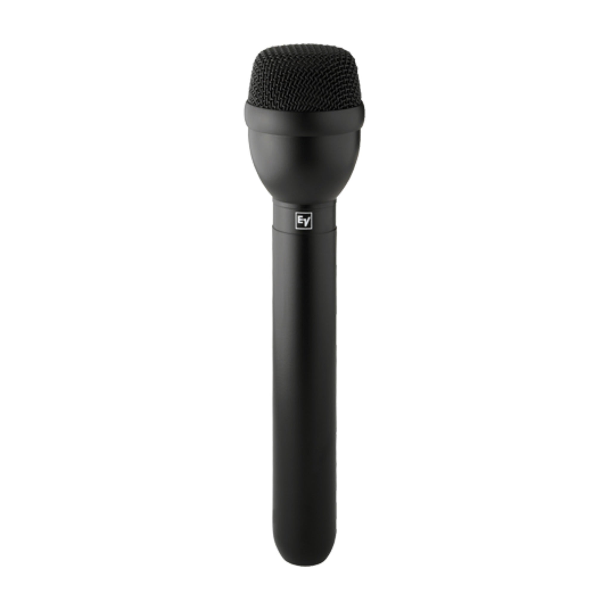 Black handheld microphone with mesh grille and EV logo on the handle.