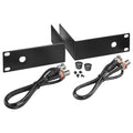 Two black metal rack mount brackets, two BNC cables, two black caps, and screws on white background.