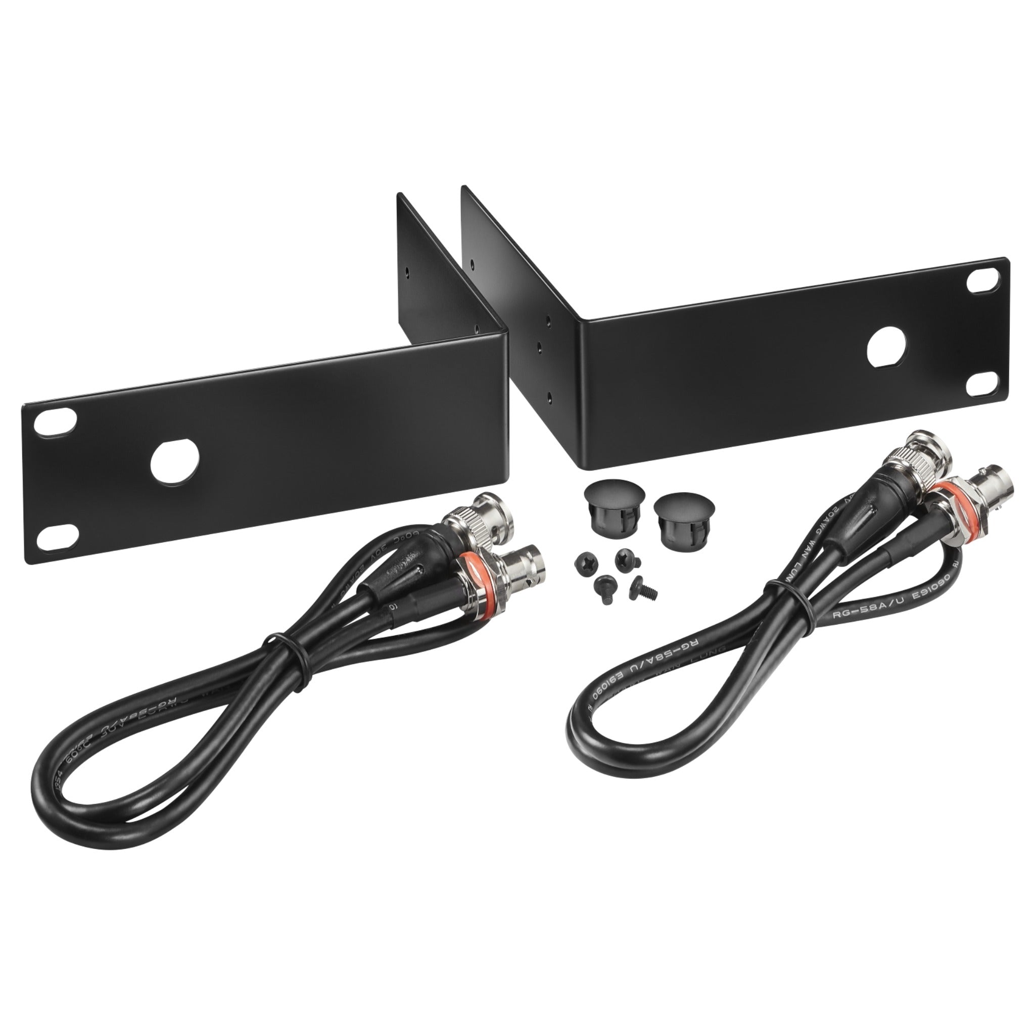 Two black metal rack mount brackets, two BNC cables, two black caps, and screws on white background.