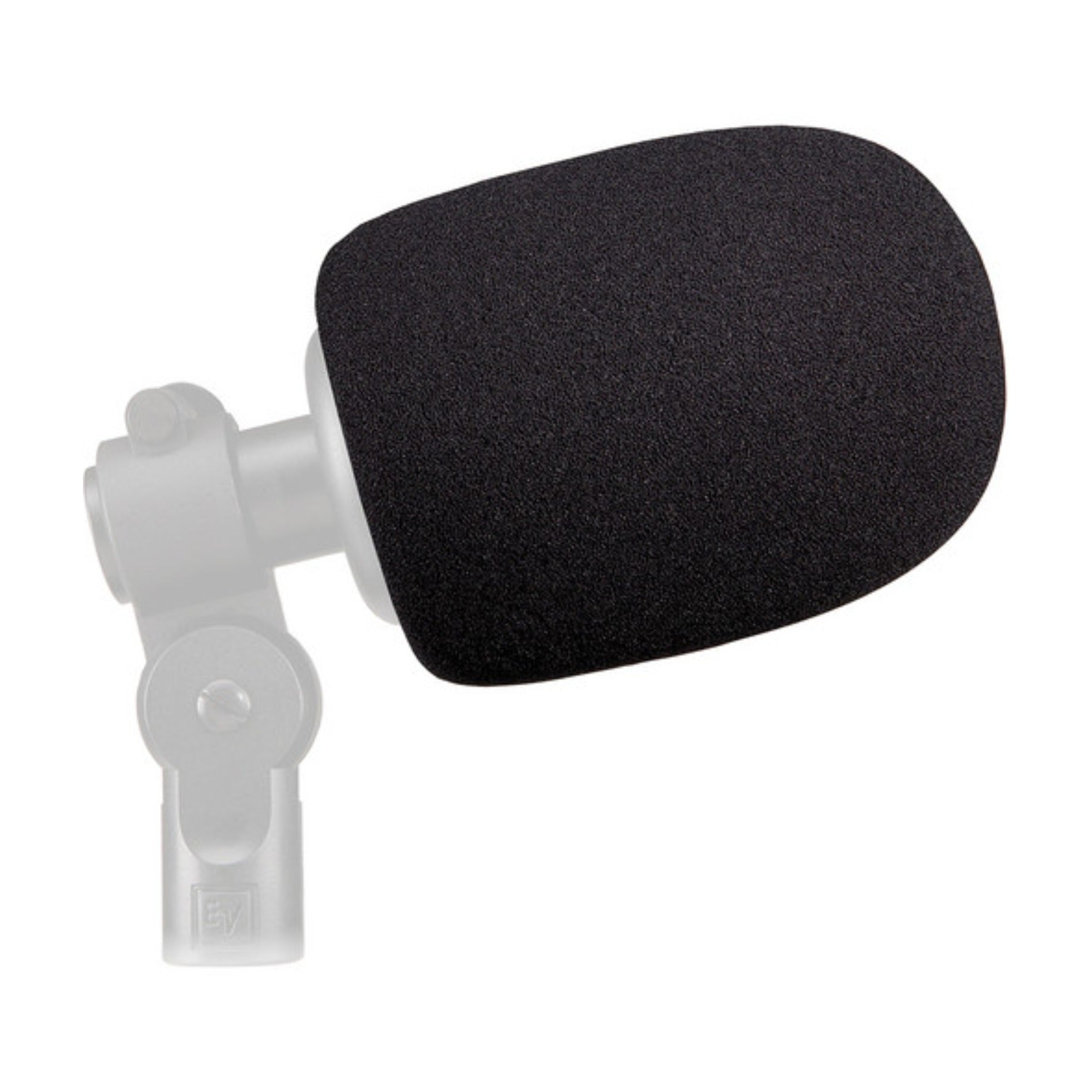 Black foam windscreen fitted on a microphone clip, with the microphone partly visible in gray.