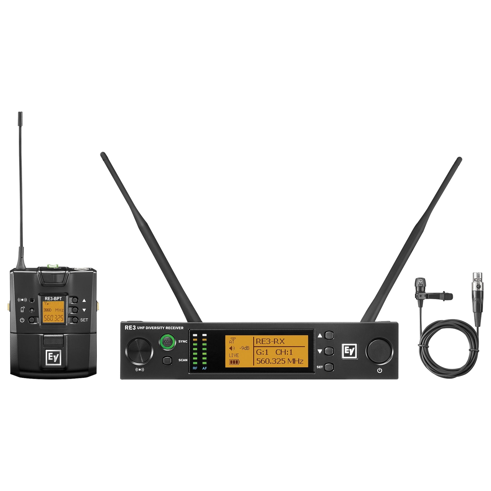 Wireless microphone system including a receiver with antennas, bodypack transmitter, and lavalier microphone with clip and cable.