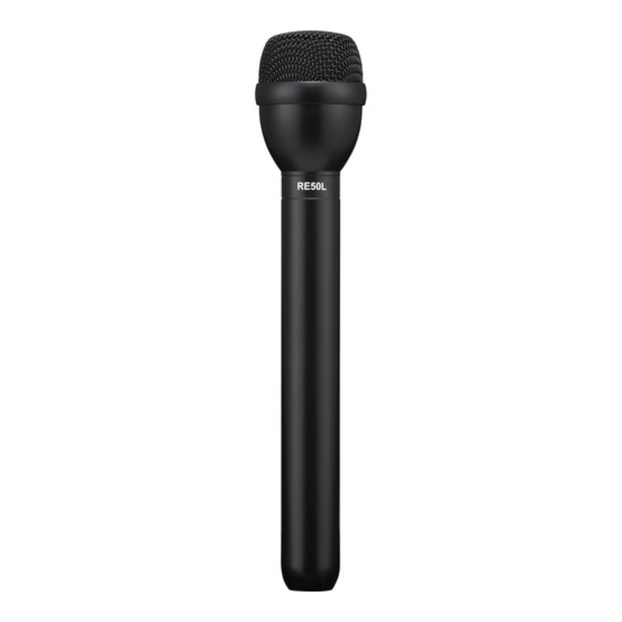 Black handheld microphone with mesh grille and RE50L printed on the handle.