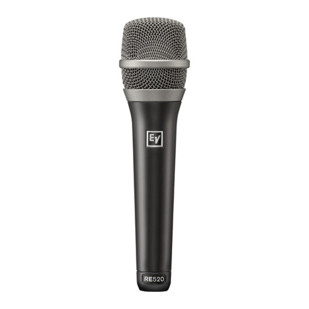 Black handheld microphone with metal mesh grille and EV logo on body.
