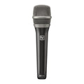 Black handheld microphone with metal mesh grille and EV logo on body.