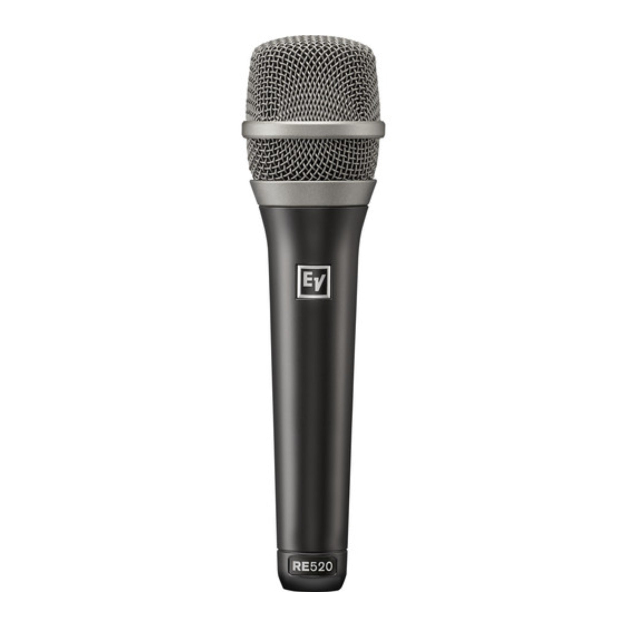 Black handheld microphone with metal mesh grille and EV logo on body.