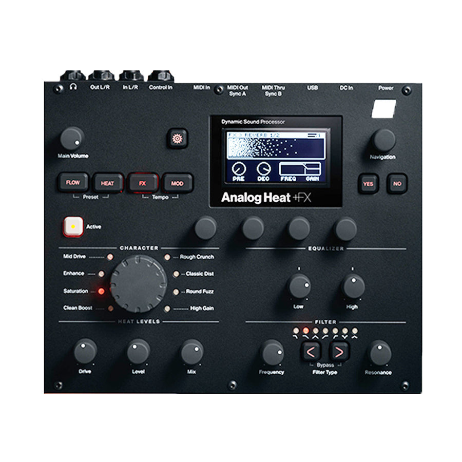 Front panel of a black Analog Heat +FX audio effects unit with knobs, buttons, and a digital display.