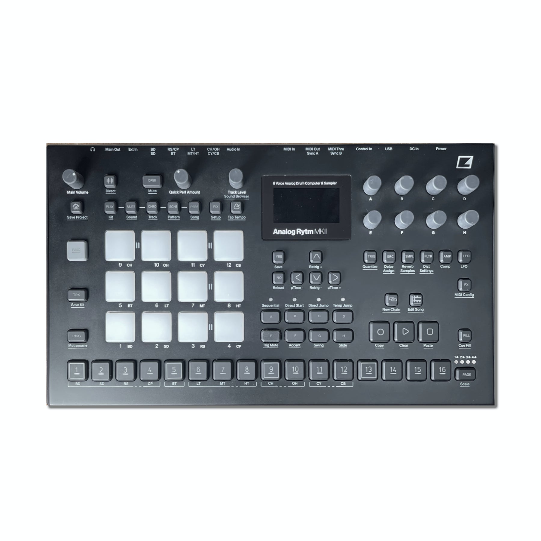 Black Elektron Analog Rytm MKII drum machine with pads, knobs, buttons, and screen on top panel.