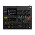 Top view of a black electronic music device with knobs, buttons, pads, screen, and multiple audio and MIDI connectors.