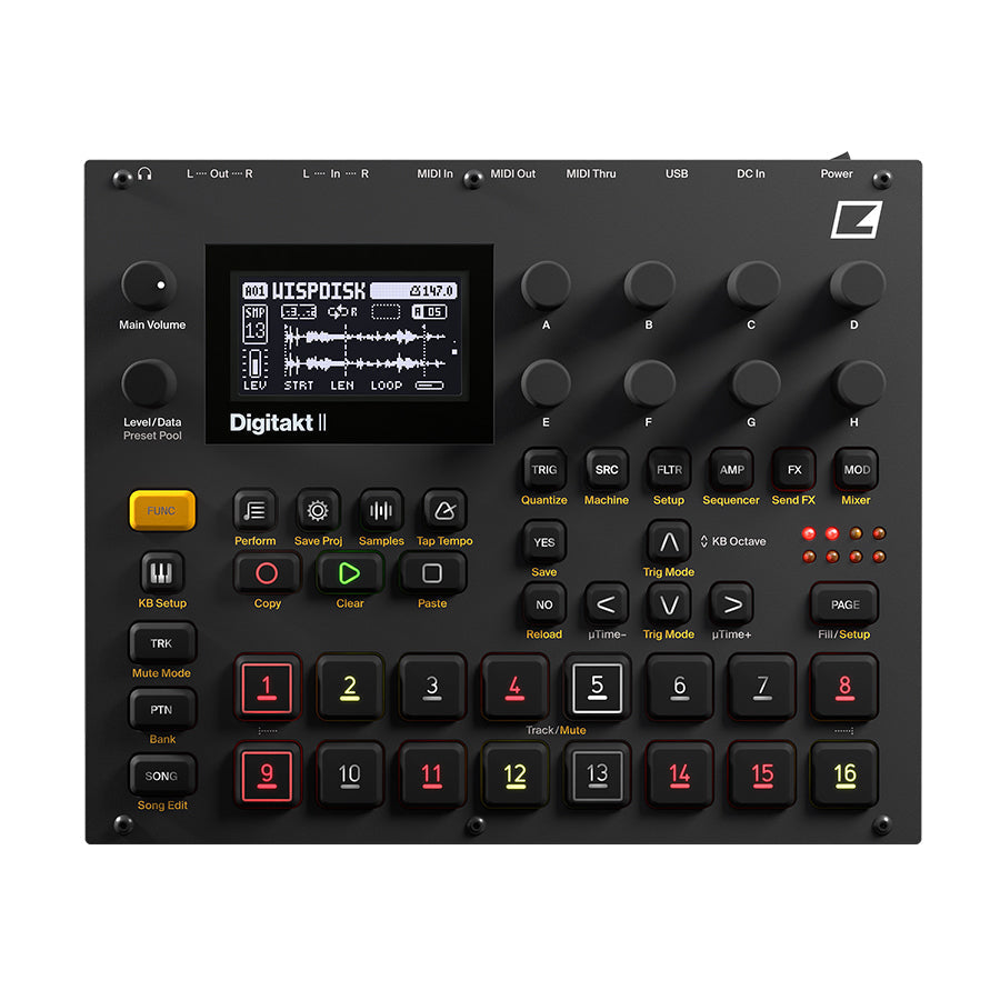Top view of a black electronic music device with knobs, buttons, pads, screen, and multiple audio and MIDI connectors.