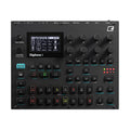 Top view of a black Elektron Digitone II synthesizer with buttons, knobs, pads, and a small display screen.