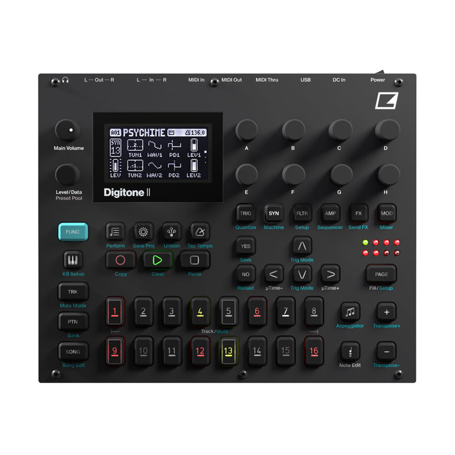 Top view of a black Elektron Digitone II synthesizer with buttons, knobs, pads, and a small display screen.