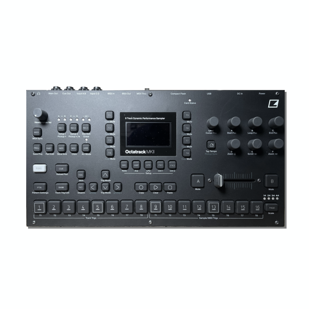 Black electronic sampler with buttons, rotary knobs, slider, screen, and multiple inputs including MIDI and USB.