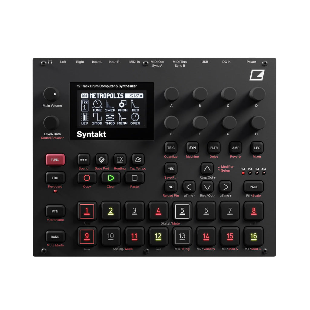 Top view of a compact black electronic drum computer and synthesizer with multiple knobs, buttons, pads, and a display screen showing settings.