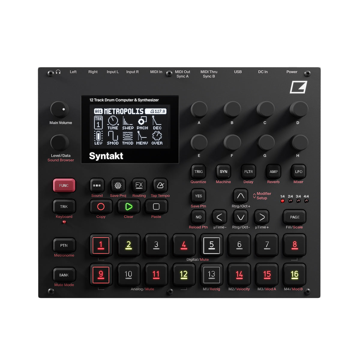 Top view of a compact black electronic drum computer and synthesizer with multiple knobs, buttons, pads, and a display screen showing settings.