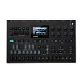 Top view of a black Elektron Tonverk audio device with screen, pads, knobs, buttons, and headphone jack.