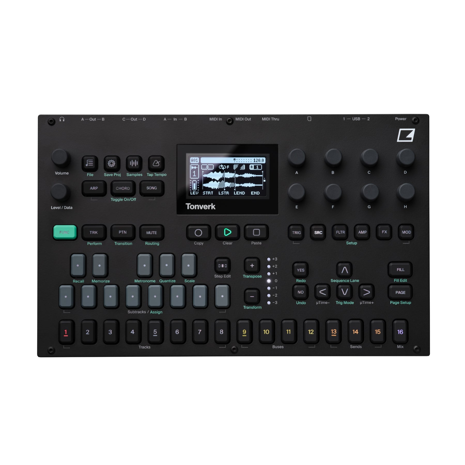 Top view of a black Elektron Tonverk audio device with screen, pads, knobs, buttons, and headphone jack.