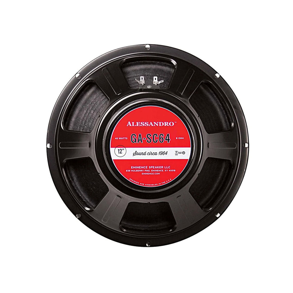 Round guitar speaker with red label showing model GA-SC64 and 8 ohm, 40 watt specifications