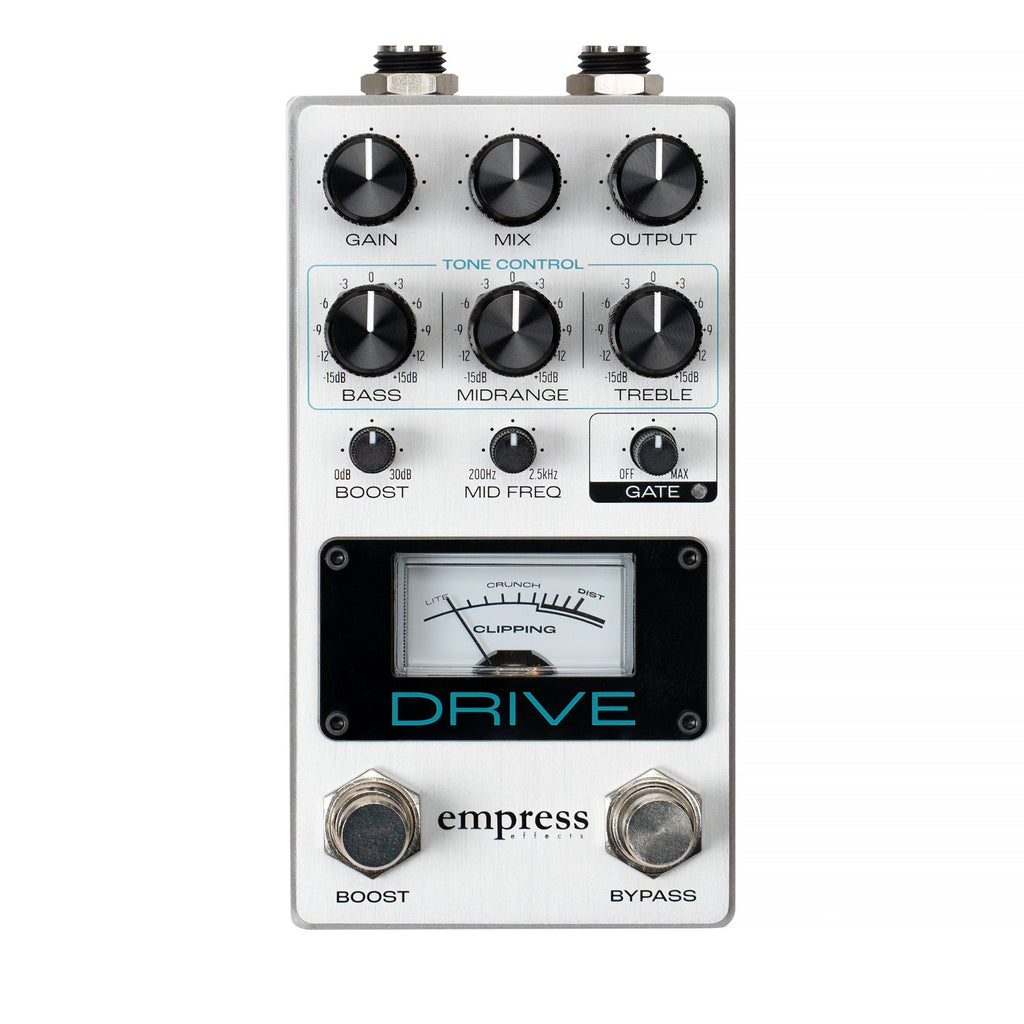 Silver guitar effects pedal with multiple control knobs, two footswitches, and a clipping meter labeled Drive.