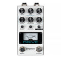 Silver guitar effects pedal with multiple control knobs, two footswitches, and a clipping meter labeled Drive.