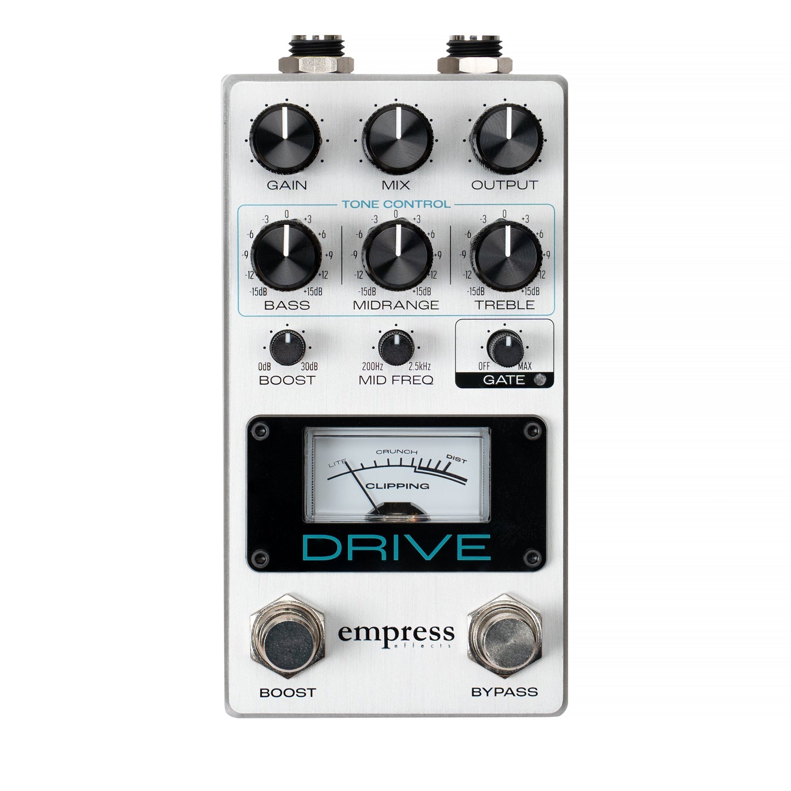 Silver guitar effects pedal with multiple control knobs, two footswitches, and a clipping meter labeled Drive.