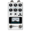 Silver guitar effects pedal with multiple knobs, two footswitches, and a clipping meter labeled Drive by Empress Effects.