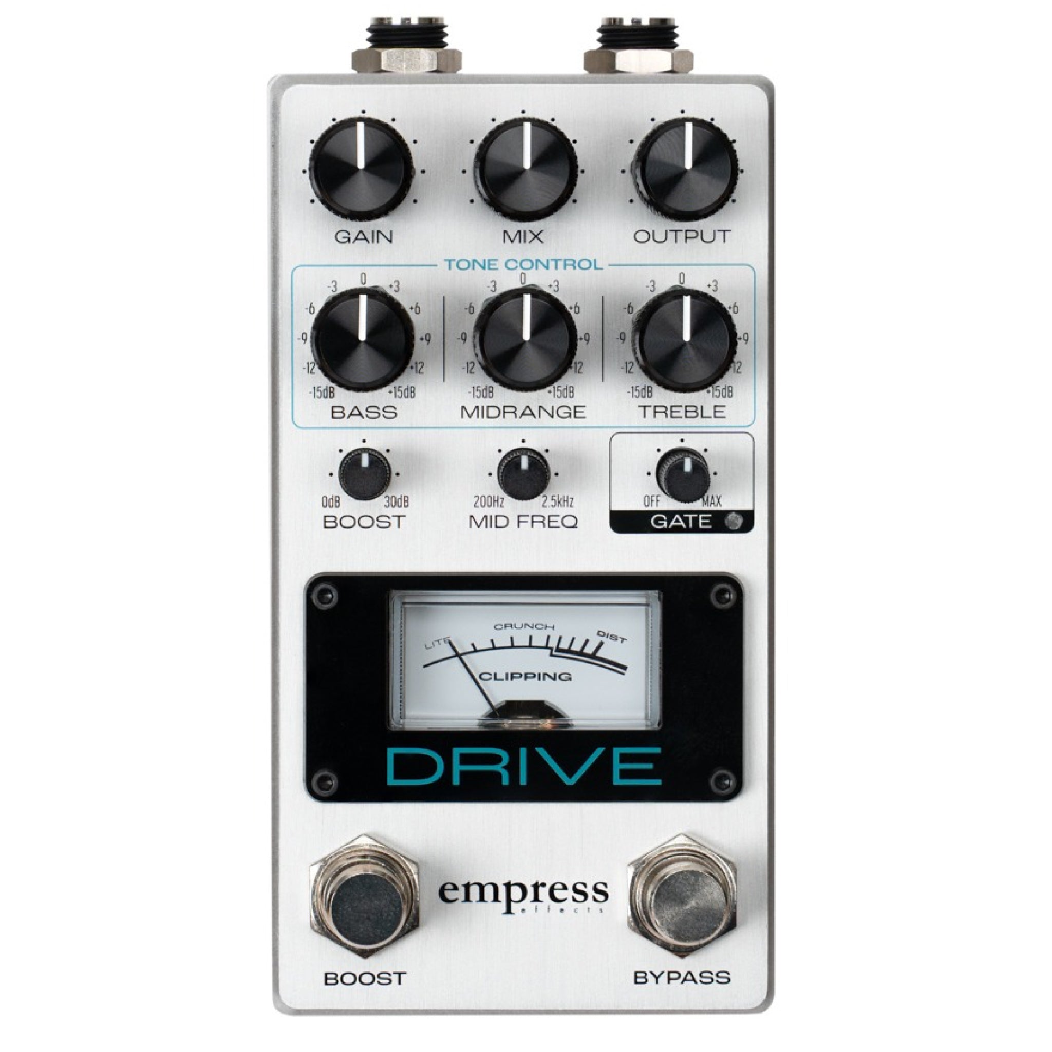 Silver guitar effects pedal with multiple knobs, two footswitches, and a clipping meter labeled Drive by Empress Effects.