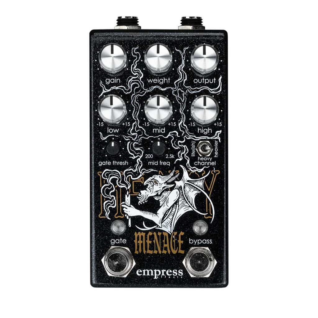 Black Empress Menace guitar effects pedal with multiple control knobs, toggle switch, and two footswitches visible