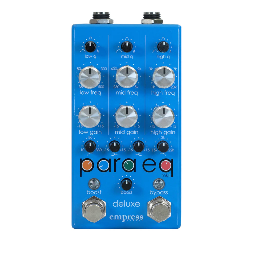Blue pedal with multiple knobs and switches labeled para eq mkii deluxe by empress pedals.