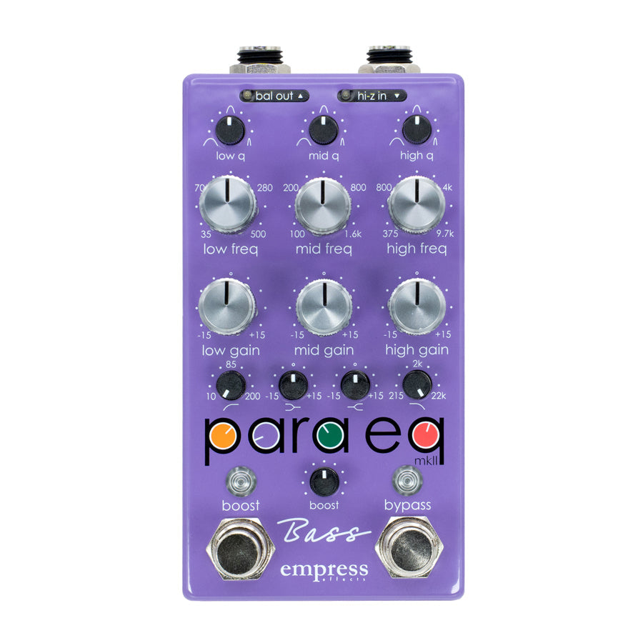 Purple effects pedal with multiple knobs and two footswitches labeled Boost and Bypass.