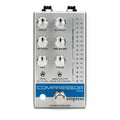 Silver pedal with six control knobs, two toggle switches, LED meters, and a footswitch labeled Compressor MKII by empress.