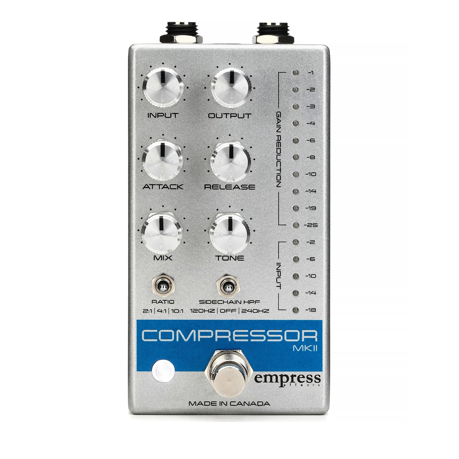 Silver pedal with six control knobs, two toggle switches, LED meters, and a footswitch labeled Compressor MKII by empress.