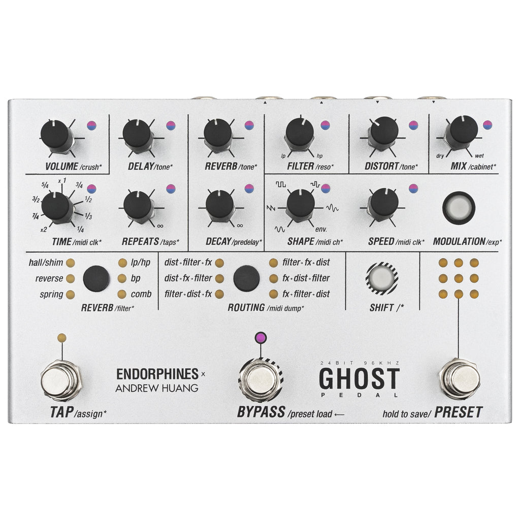 Silver multi-effect guitar pedal with multiple knobs, foot switches, and LED indicators.