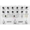 Silver multi-effect guitar pedal with multiple knobs, foot switches, and LED indicators.