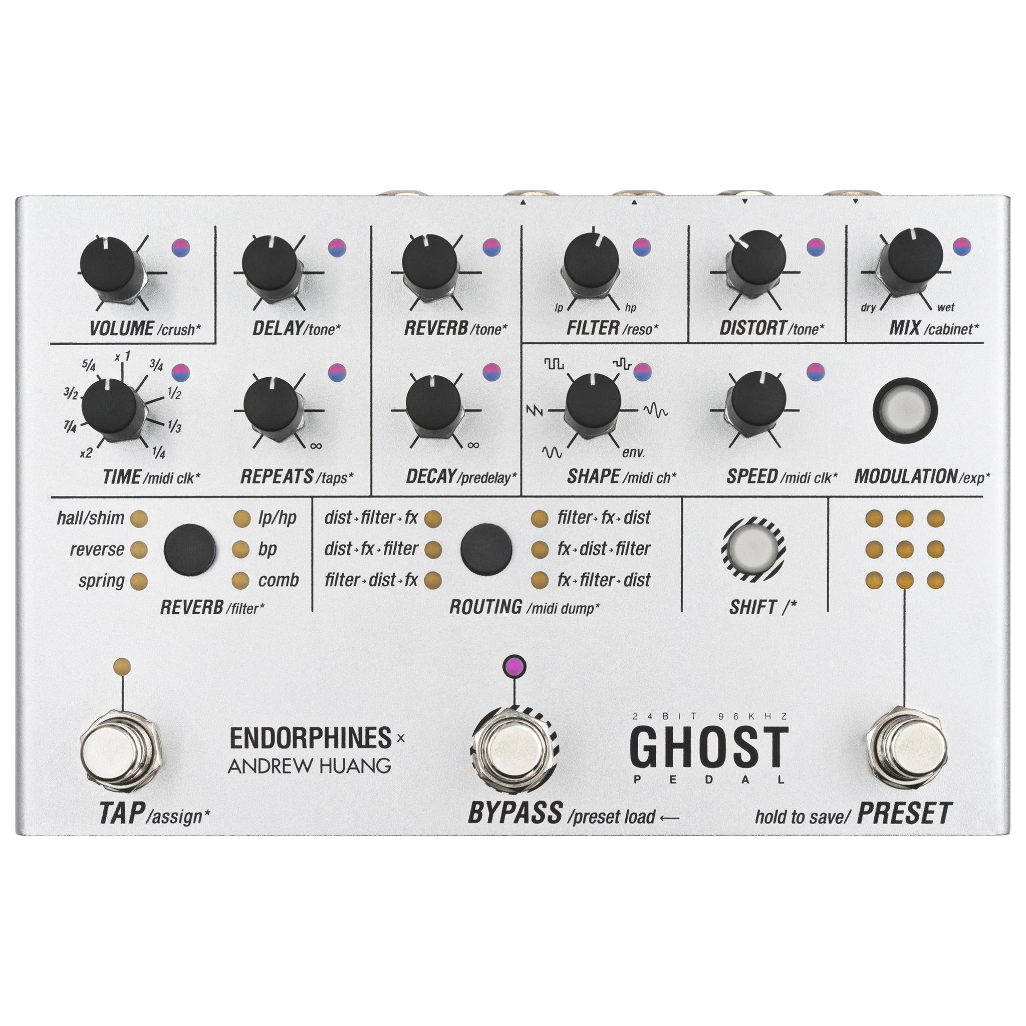 Silver multi-effect guitar pedal with multiple knobs, foot switches, and LED indicators.