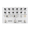 Silver Endorphin.es Ghost pedal with multiple black knobs, buttons, and three foot switches.
