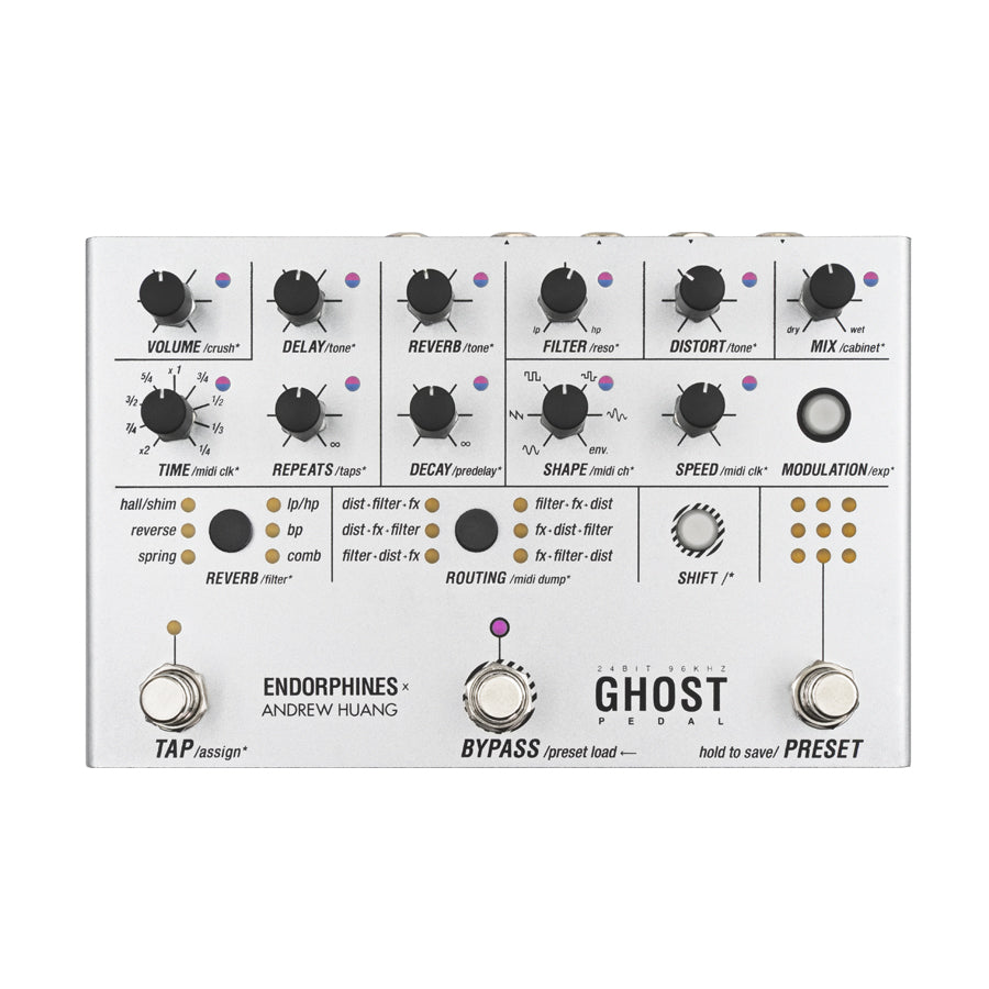 Silver Endorphin.es Ghost pedal with multiple black knobs, buttons, and three foot switches.