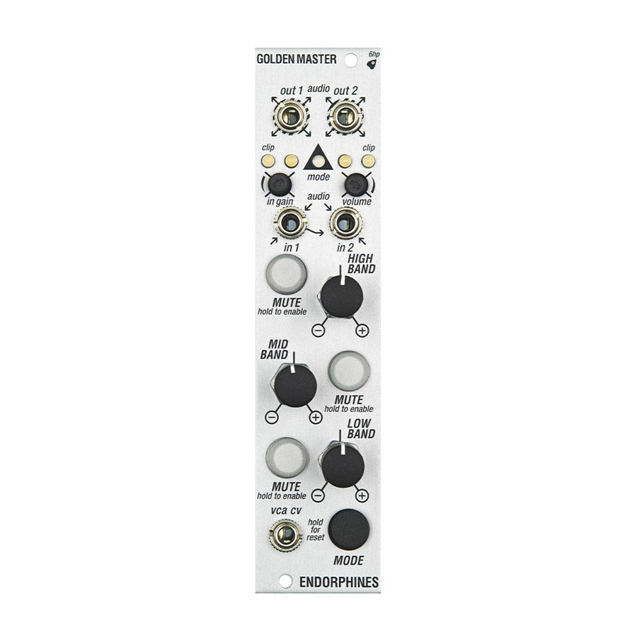 Silver Endorphin.es Golden Master eurorack module with knobs, buttons, and multiple 3.5mm audio jacks.