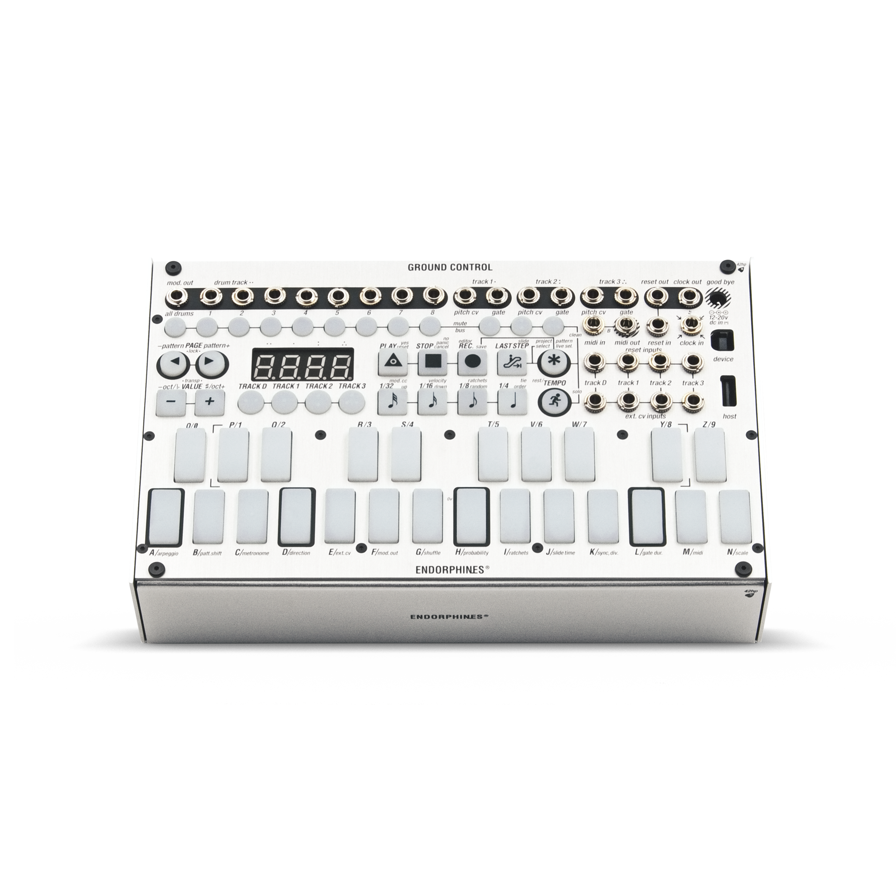 Top view of a white Endorphin.es Ground Control sequencer with pads, buttons, jacks, and a small display.
