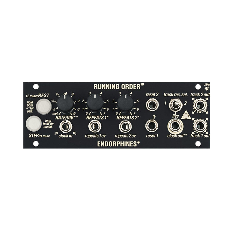 Black eurorack module with knobs, buttons, switches, and labeled jack connectors from Endorphin.es