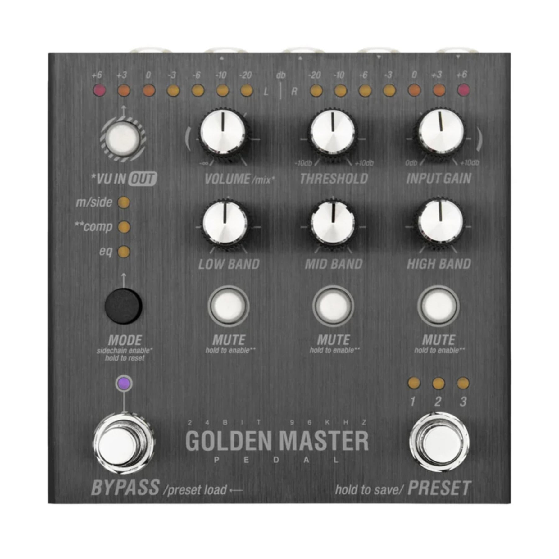 Black Endorphin.es pedal with multiple knobs, push buttons, LED indicators, and two footswitches labeled Bypass and Preset.