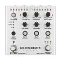 Silver audio effects pedal with multiple knobs, buttons, and footswitches labeled Golden Master Pedal.