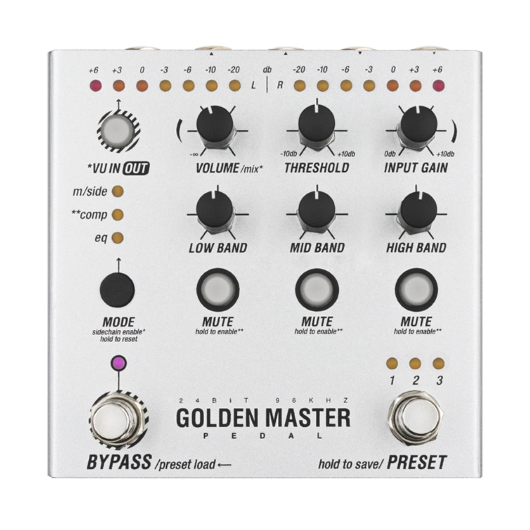 Silver audio effects pedal with multiple knobs, buttons, and footswitches labeled Golden Master Pedal.